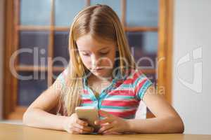 Cute pupil in class using smartphone