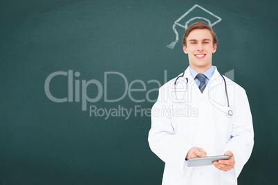 Composite image of young doctor using tablet pc