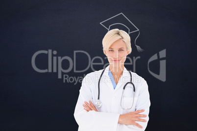 Composite image of blonde doctor smiling at camera