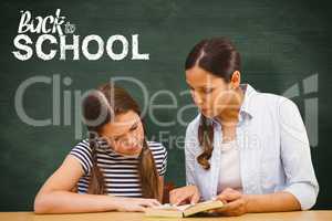 Composite image of teacher and girl reading book in library