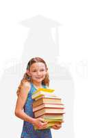 Composite image of cute little girl carrying books in library