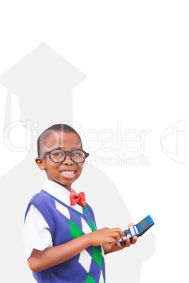 Composite image of cute pupil with calculator