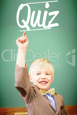 Quiz against cute pupil dressed up as teacher in classroom