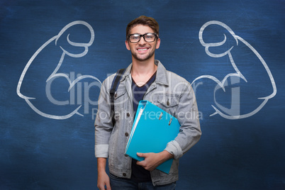 Composite image of student smiling at camera in library