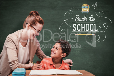 Composite image of teacher helping pupil