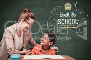 Composite image of teacher helping pupil