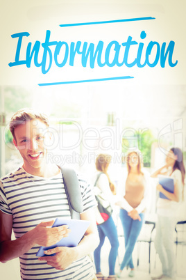 Information against handsome student smiling and holding tablet