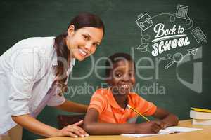 Composite image of teacher assisting boy with homework in librar