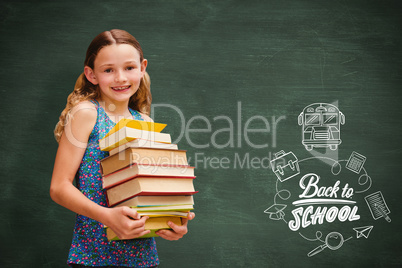 Composite image of cute little girl carrying books in library