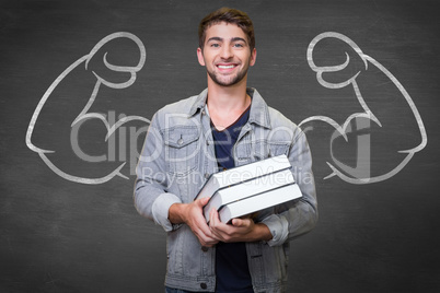 Composite image of student smiling at camera in library