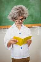 Student dressed up as einstein reading a book