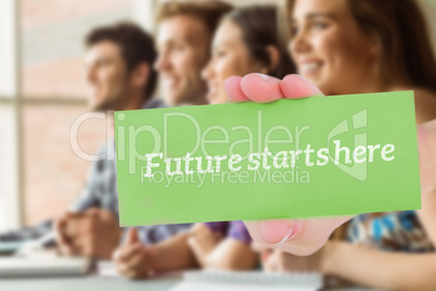 Future starts here against smiling friends students talking and