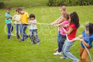 Cute pupils playing tug of war on the grass outside