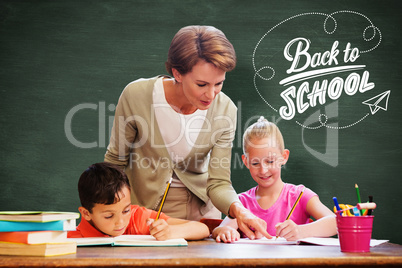 Composite image of teacher helping pupils in library