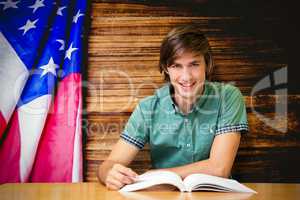 Composite image of student sitting in library reading