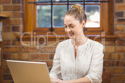 Blonde teacher using laptop in the library