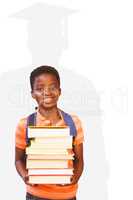 Composite image of cute little boy carrying books in library