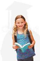 Composite image of cute little girl reading book in library