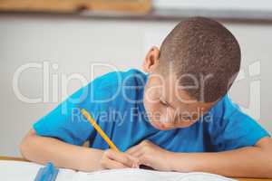 Concentrated pupil working at his desk in a classroom