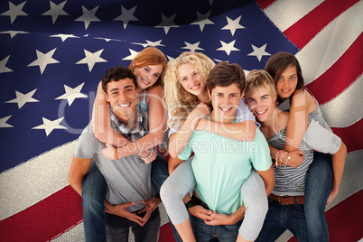 Composite image of teenagers giving their friends piggyback ride