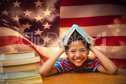 Composite image of pupil with many books