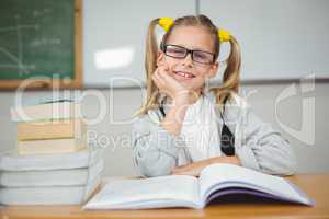 Smiling pupil sitting at her desk in a classroom