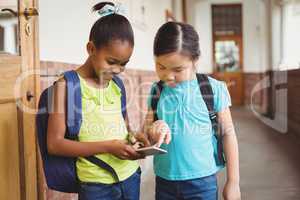 Cute pupils looking at smartphone at corridor