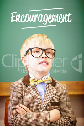 Encouragement against cute pupil dressed up as teacher in classr