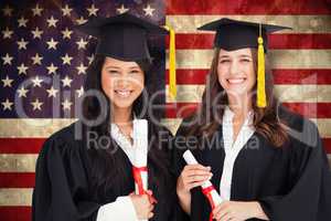 Composite image of two friends stand together after graduating