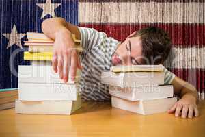 Composite image of student asleep in the library