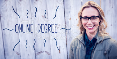 Online degree against portrait of blonde in glasses posing