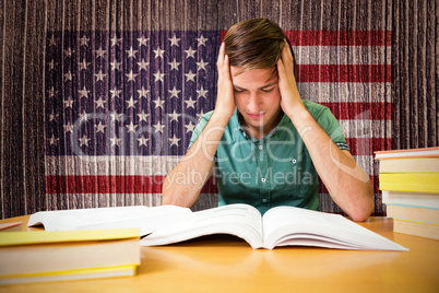 Composite image of student sitting in library reading