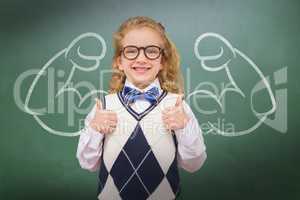 Composite image of cute pupil with thumbs up