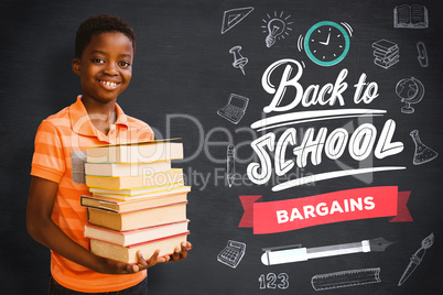 Composite image of portrait of cute boy carrying books in librar