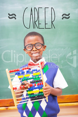 Career against smiling pupil holding abacus
