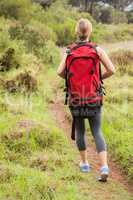 Blonde hiker hiking with backpack