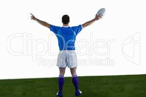 Rugby player gesturing with hands