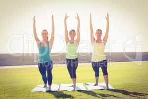 Smiling sporty women doing yoga together