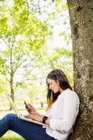 Beautiful brunette using laptop in the park