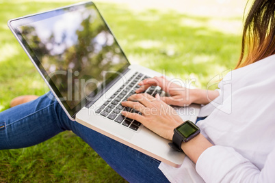Beautiful brunette using laptop in the park