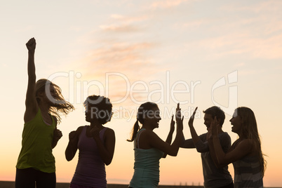 Happy sporty women cheering against sunset