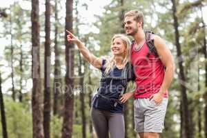 Happy young couple pointing at something