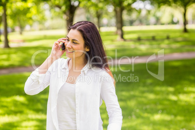 Beautiful brunette in the park making a call