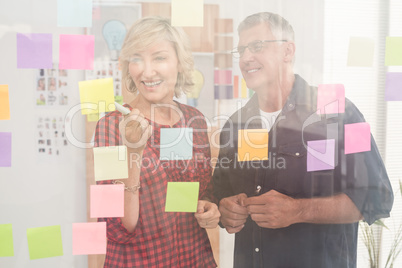 Smiling business team pointing post its on the wall