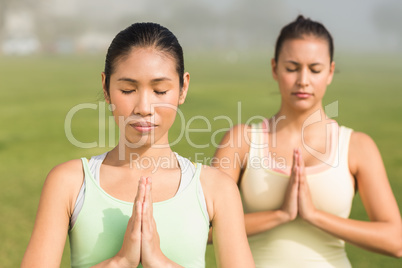 Peaceful sporty women doing yoga