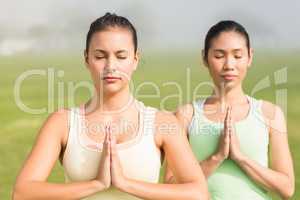 Peaceful sporty women doing yoga