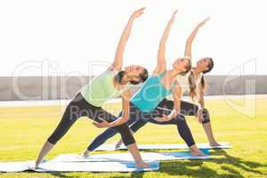 Smiling sporty women standing and stretching