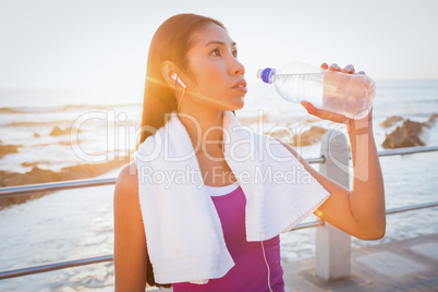 Fit woman resting and drinking water at promenade