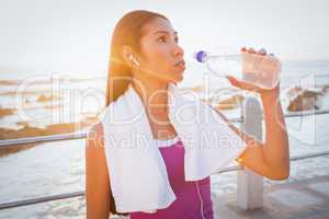 Fit woman resting and drinking water at promenade