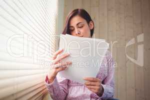 Pretty brunette reading documents beside window